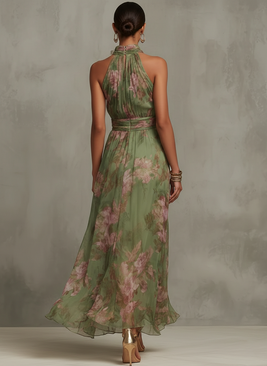 Abito Lungo Floreale Donna con Collo Halter e Gonna Fluida