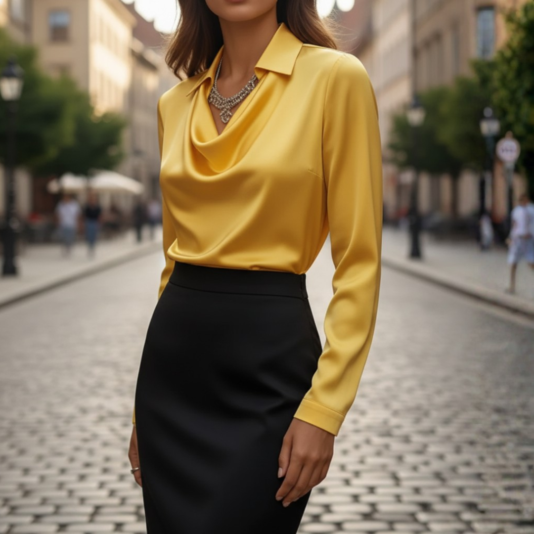 Camicia Donna in Raso con Collo Cowl a Maniche Lunghe